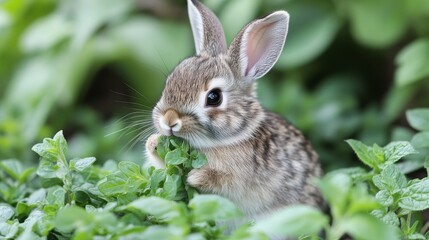 Fototapeta premium Young rabbit munching on fresh greens in a sunny garden setting