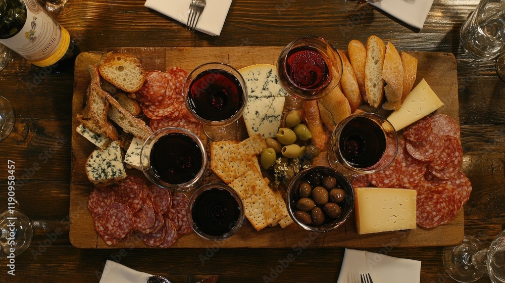 Aufkleber A top view of a wooden table with glasses of red wine at different fill levels, surrounded by a charcuterie board featuring fresh bread, cheese, and olives