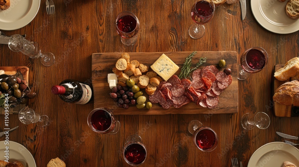 Poster A top view of a wooden table with glasses of red wine at different fill levels, surrounded by a charcuterie board featuring fresh bread, cheese, and olives