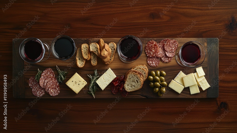 Aufkleber A top view of a wooden table with glasses of red wine at different fill levels, surrounded by a charcuterie board featuring fresh bread, cheese, and olives