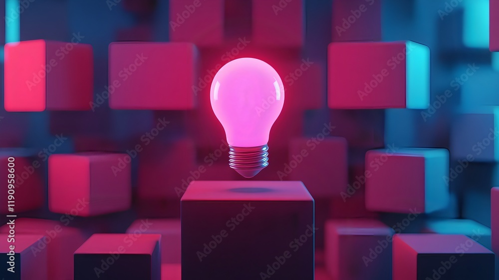Poster floating abstract lightbulb in glowing minimal cube,innovation idea 3d