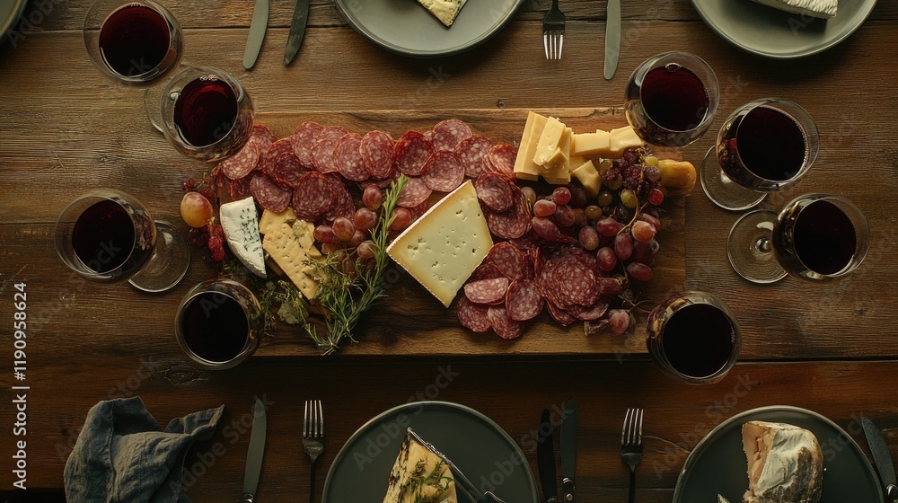 Poster a top-down view of a rustic table with glasses of red wine in varying levels and a charcuterie board