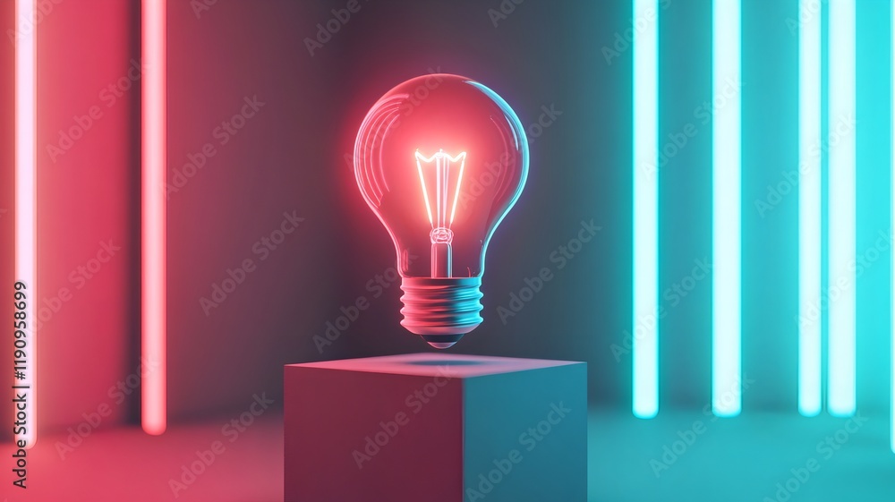 Poster floating abstract lightbulb innovation idea in glowing minimal 3d cube