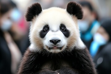Fototapeta premium A team of veterinarians examining a giant panda in a conservation center, surrounded by bamboo plants