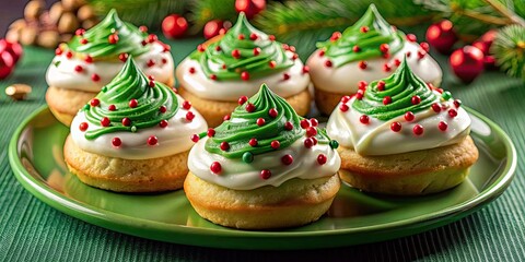 Festive sprinkles and white frosting adorn a Christmas pastry, elegantly presented on a green plate.