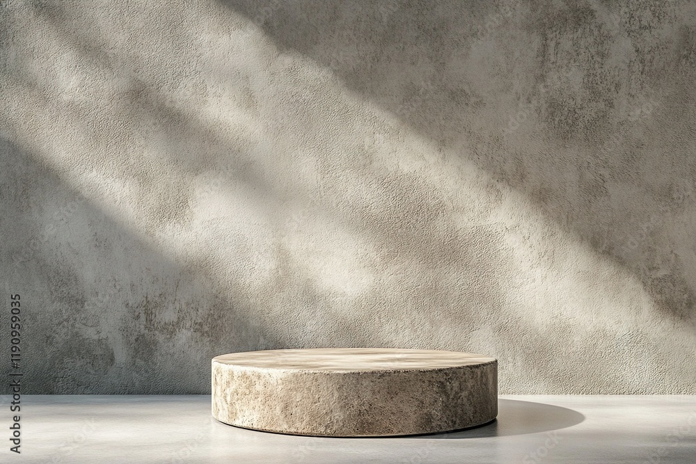 Poster handcrafted clay podium features an earthy textured surface with soft shadows and natural light refl