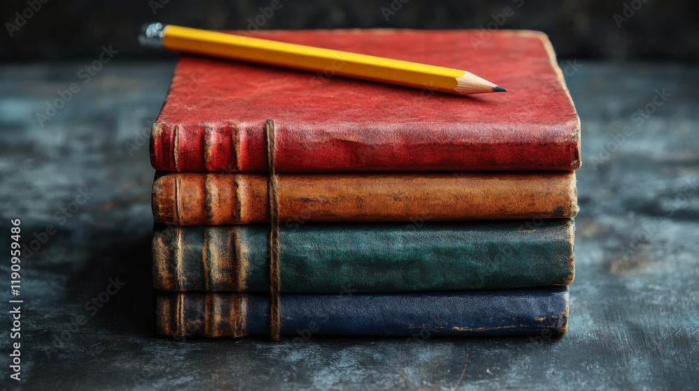 Aufkleber writing tools on a textured surface with a focus on two colorful notebooks and a yellow pencil