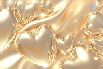 Luxurious champagne gold background featuring elegant chrome hearts and soft glowing highlights for modern design presentations