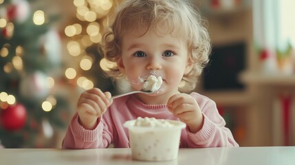 A three year old child eats yogurt with a spoon from a plastic container while sitting at a table on New Year's Eve