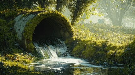 Fototapeta premium A tranquil scene of water flowing through a moss-covered concrete drainage pipe, bathed in soft daylight, evoking a sense of peaceful nature