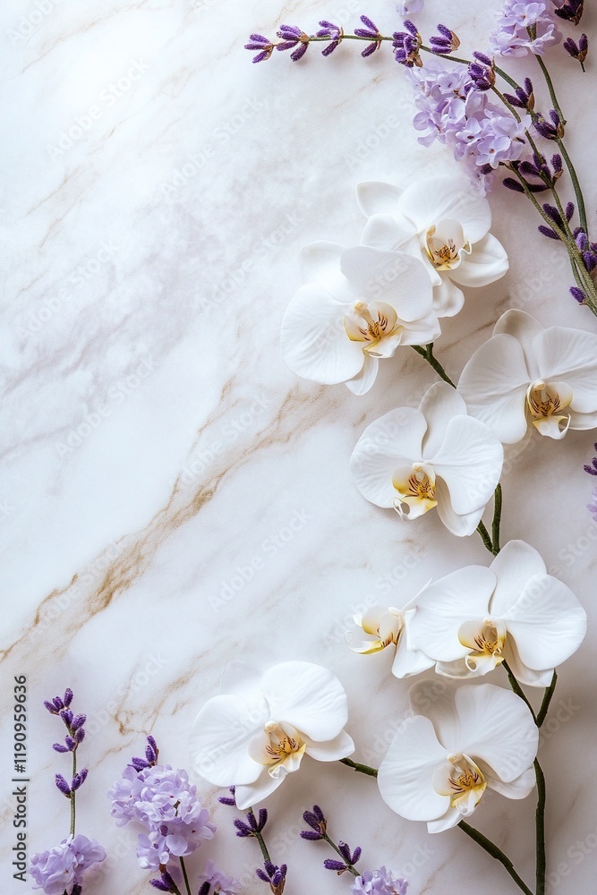 Poster luxurious floral arrangement with white orchids and lavender on smooth marble surface creating an el