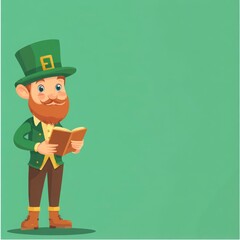 Cheerful Leprechaun Holding a Book with a Bright Green Background Ideal for St. Patrick's Day Celebrations and Irish-Themed Activities