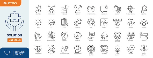 Solution line editable icon set. Containing problem solving, alternative, resolve, answer, maze, issue, and more. Vector illustration.