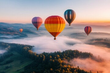 Obraz premium A vibrant hot air balloon ride over a scenic valley, with colorful balloons filling the sky during golden hour