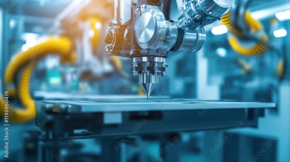 Poster robotic arm performing a manufacturing task on a metal detail in a modern factory, showcasing automa