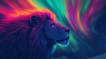 Lion mane glowing like a vibrant aurora, blending celestial beauty with strength