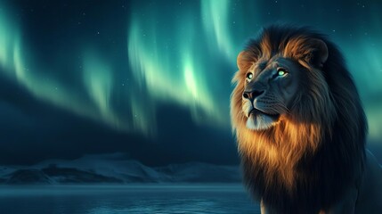 Fototapeta premium Lion mane glowing like the aurora borealis, surrounded by celestial energy