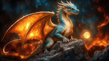 Fototapeta premium Cosmic dragon perched on fiery rocks.
