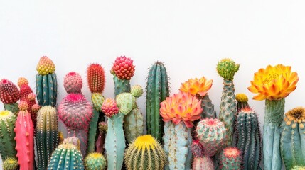 Fototapeta premium A vibrant arrangement of differently shaped cacti in various bright colors, contrasted against a pure white backdrop to highlight their natural beauty and texture