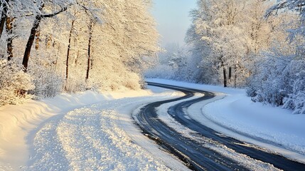 Winding snowy road through winter forest at sunrise.