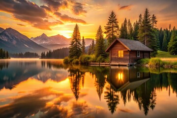 Fototapeta premium Golden hour paints the minimalist lake cabin in sunset hues, a cozy lakeside retreat.