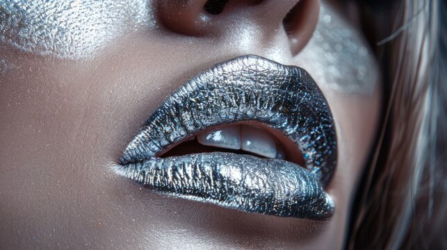A close-up of shiny silver lips against light skin, emphasizing texture and radiance. A captivating and luxurious beauty concept.