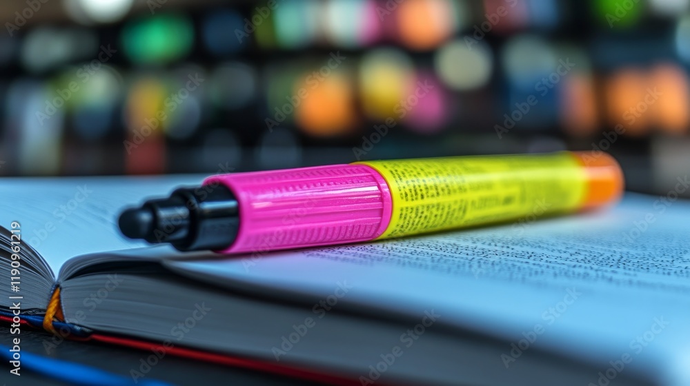 Poster brightly colored pen placed on a notebook with handwritten notes in a study environment