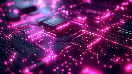 Obraz premium Abstract Glowing Circuit Board, Pink and Purple Neon Technology Background