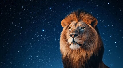 Fototapeta premium Lion prowling across a cosmic horizon, its mane glowing with radiant starlight