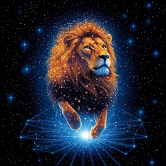 Naklejka premium Lion prowling across a cosmic void, its mane glowing with radiant starlight
