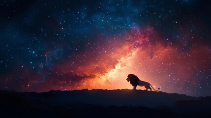 Lion prowling across a cosmic horizon, its mane glowing with radiant starlight