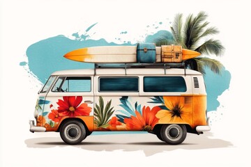 A whimsical 2D drawing of a vintage van covered in flower patterns, with surfboards and luggage on the roof against a white background