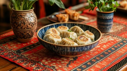 Delicious dumplings served on a decorative table in a cozy setting with plants and vibrant textiles