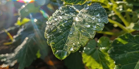 Fototapeta premium Close-up of dew-covered leaves glistening in sunlight, showcasing nature's beauty and freshness.