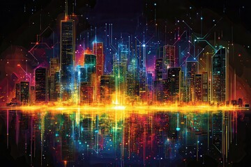 Fototapeta premium Futuristic City Skyline with Vibrant Neon Connections