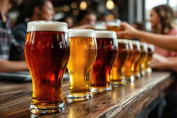 A close-up of a variety of craft beers lined up showcasing the rich colors and frothy heads.