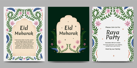 eid mubarak template design for raya party with flower border illustration for poster, greeting card or invitation card.