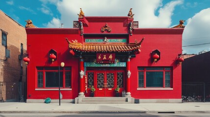A vibrant red building representing a traditional Chinatown house, with an ornate temple gate and cultural decorations, perfect for capturing the essence of Chinese architecture