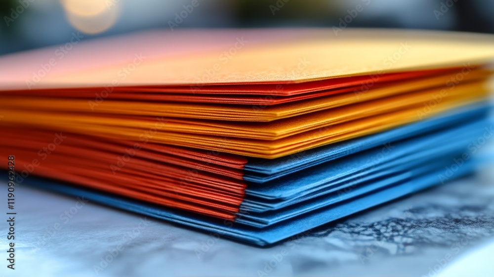 Poster brightly colored stack of paper sheets arranged on a surface, perfect for creative projects and note