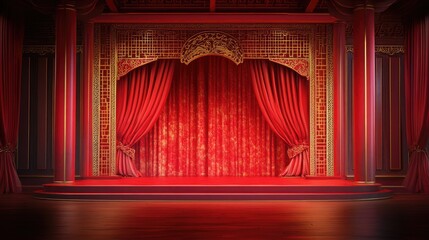 A vibrant red Chinese podium stage with a grand arch, golden lattice, and flowing curtains, perfect for formal events, cultural presentations, and speeches