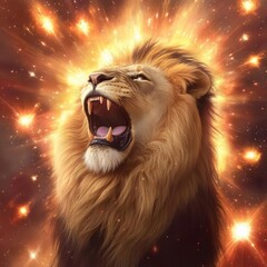 Naklejka premium Lion roaring amidst a celestial storm of glowing meteors and radiant energy