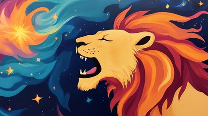 Lion roaring amidst a celestial storm, its mane glowing with vibrant stardust