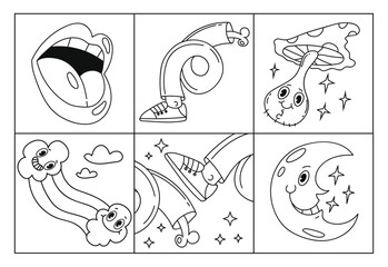 Psychedelic emoji shapes retro comic cards posters isolated set. Vector graphic design illustration