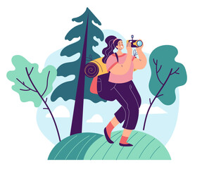 Tourist taking photo picture of nature forest concept. Vector graphic design element illustration