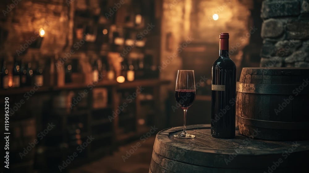 Poster A vintage wine collection displayed on rustic wooden racks in a dimly lit cellar, creating a warm and nostalgic atmosphere ideal for wine connoisseurs and enthusiasts