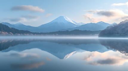 A photo of Mount Fuji reflecting on the calm waters of Lake Kawaguchi, with cherry blossoms in full bloom as the foreground, during a serene spring morning