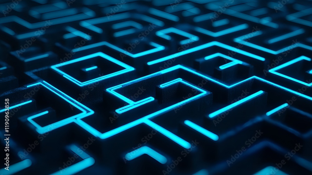Poster glowing maze solution - simplistic abstract business strategy design