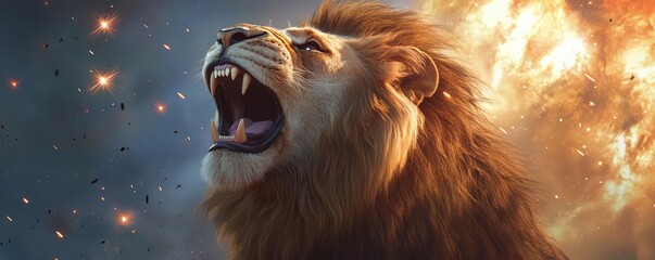 Naklejka premium Lion roaring into a cosmic storm of glowing meteors and starbursts