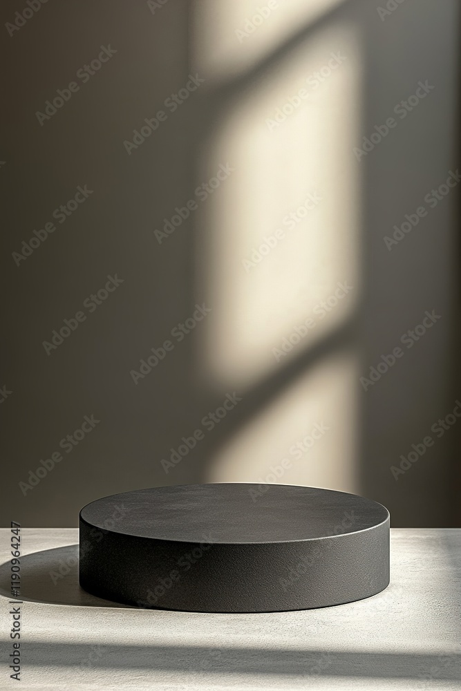 Poster minimalist matte black ceramic podium on a muted gray background with soft shadows and ample negativ