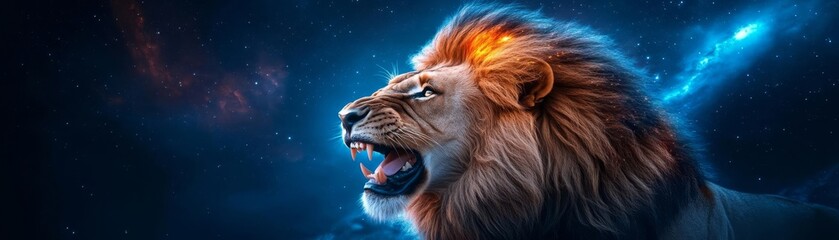 Naklejka premium Lion roaring into a cosmic storm, its mane glowing with radiant celestial hues